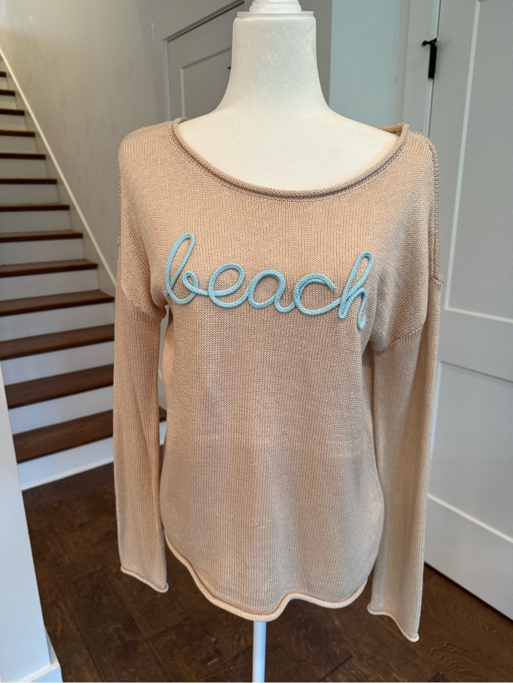 Marled Beige Knit Sweater with Olive Drawstring Accent